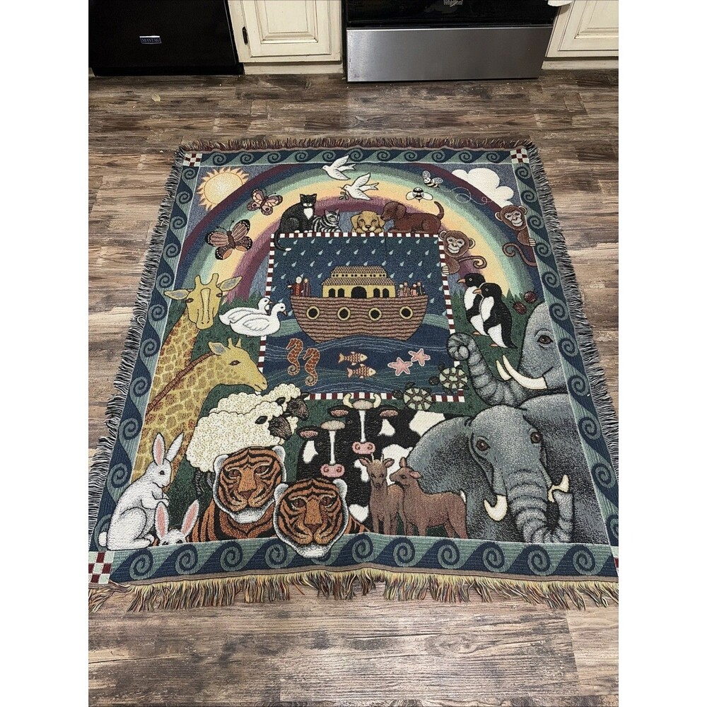 Vtg American Weavers Tapestry Blanket Noahs Ark Woven Knit Throw 47x61 USA Made